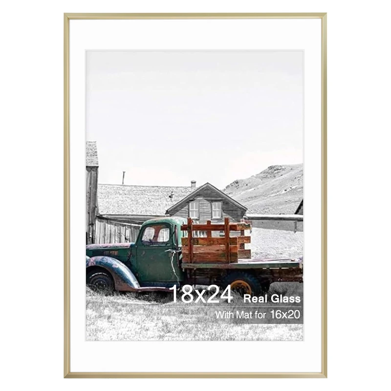 Golden State Art, 18x24 Gold Picture Frame Displays Photo 16x20 with Mat or 18 x 24 Without Mat for Wall Mounting, Classic Satin Aluminum Frames with Real Glass (Pack of 1)