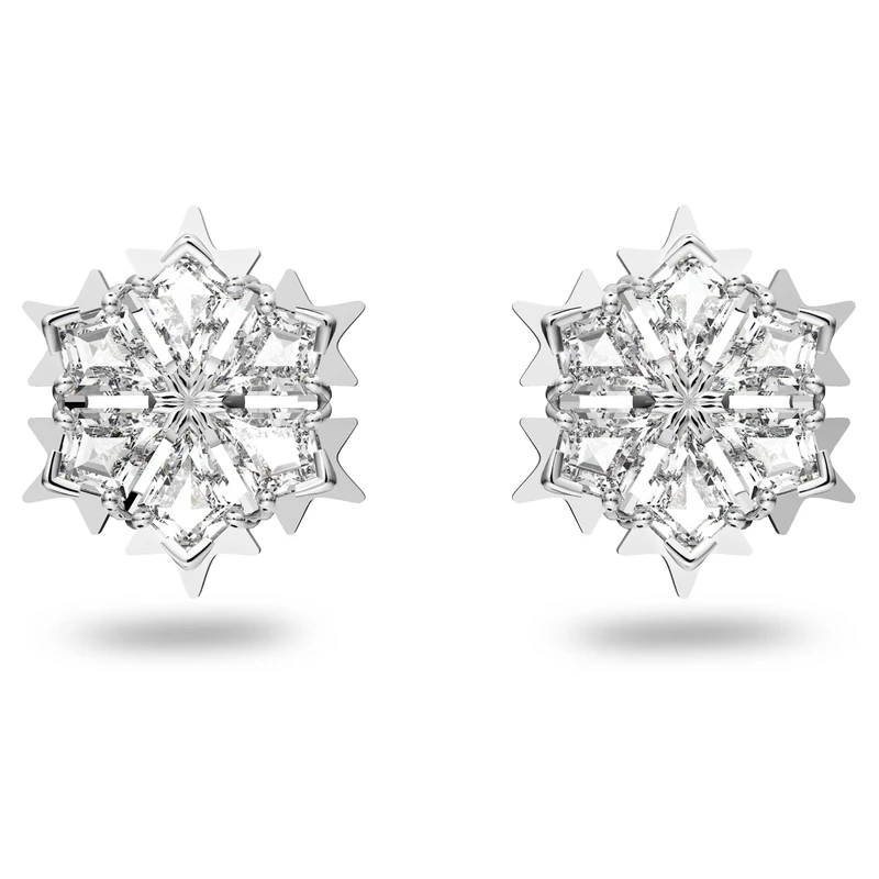 Swarovski Magic stud earrings, Snowflake, White, Rhodium plated