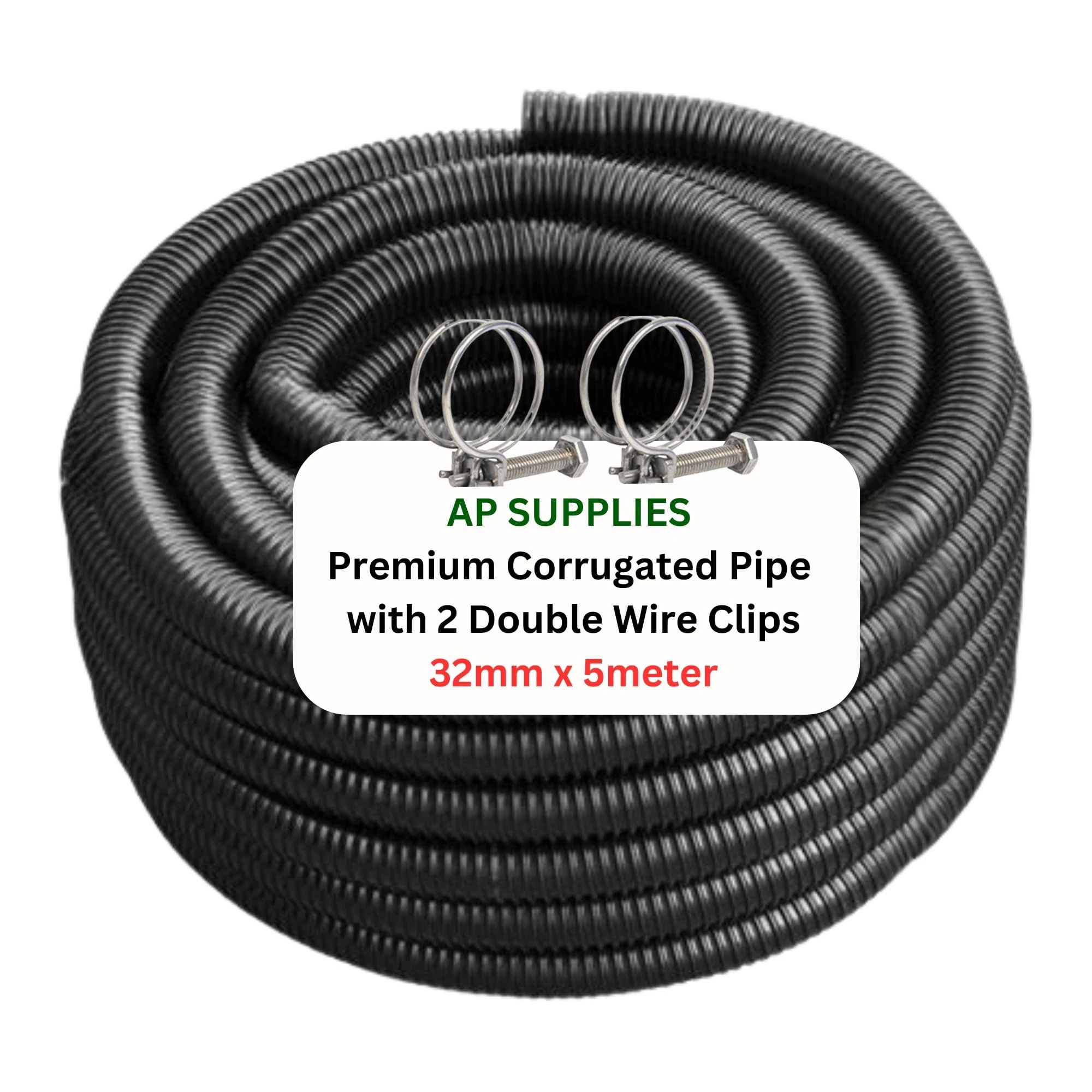32mm x 5meter Flexible Pond Hose Corrugated Pipe with 2 Clips - Double-Wired Hose Clips for Pond Pumps, Filters, Drainage – Corrugated Water Butt Connector Pipe - Black