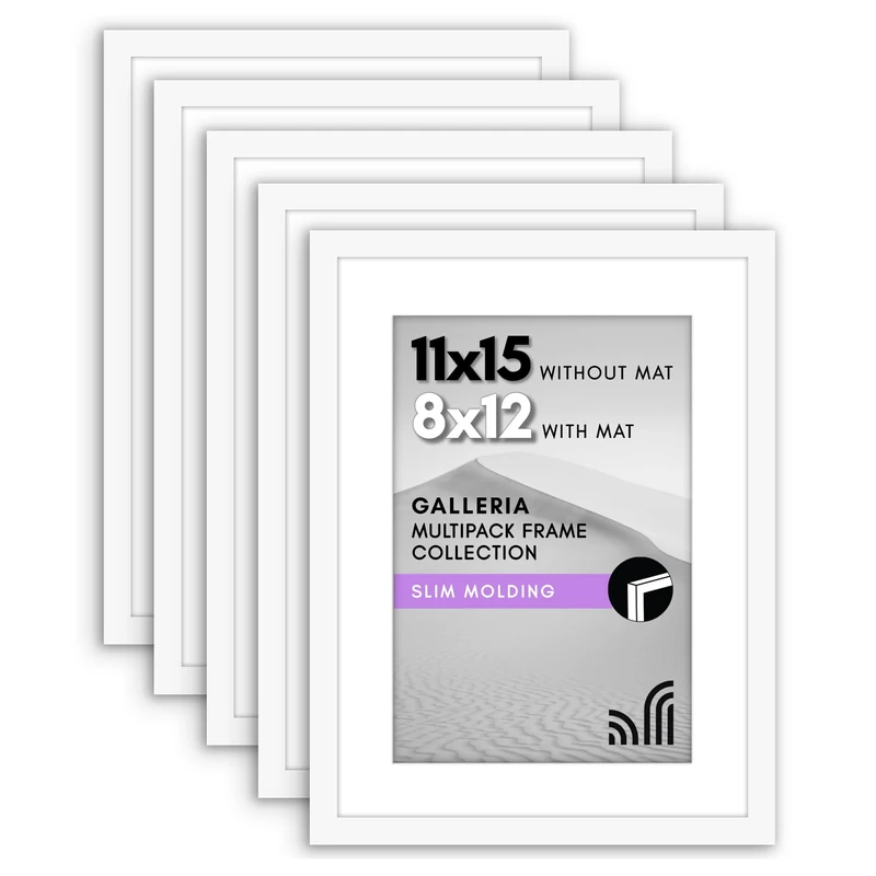 Americanflat 11x15 Picture Frame Set of 5 in White - Use as 8x12 Picture Frame with Mat or 11x15 Frame Without Mat - Picture Frames Collage Wall Decor with Plexiglass Cover - Gallery Wall Frame Set