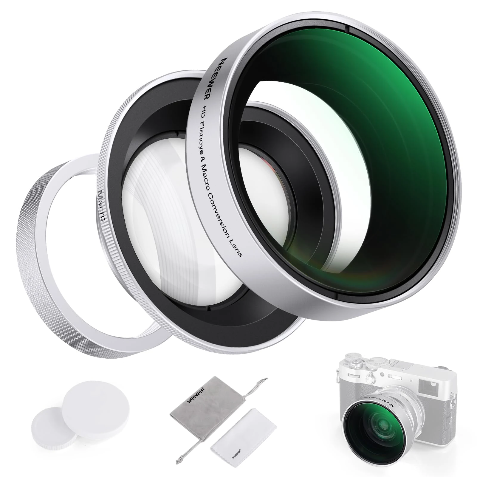 NEEWER 49mm 0.43x Fisheye & 1.4x Macro Additional Lens for X100 Series Cameras, HD 2 in 1 Lens with 49mm Adapter Ring for Fujifilm X100 X100S X100F X100T X100V X100VI Cameras (Silver Frame), LS-46