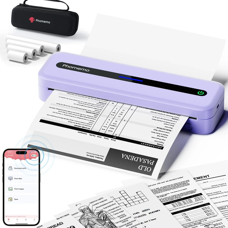 Phomemo Portable Printer, 300dpi Thermal Printer A4 for Home, Photo, Invoice, Study, Bluetooth Monochrome Printheads Includes Carry Bag and 4 Rolls of Thermal Disposables, Purple