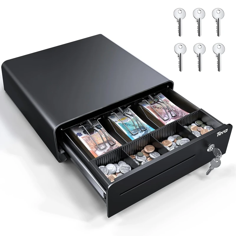 Tera Cash Register Drawer 13 inch: Auto Open with 6 Keys Heavy Duty 3 Bill 4 Coin Removable Cash Tray Media Slot 24V RJ12 Key-Lock Round Corner for POS System Small Businesses Retail 335R Black