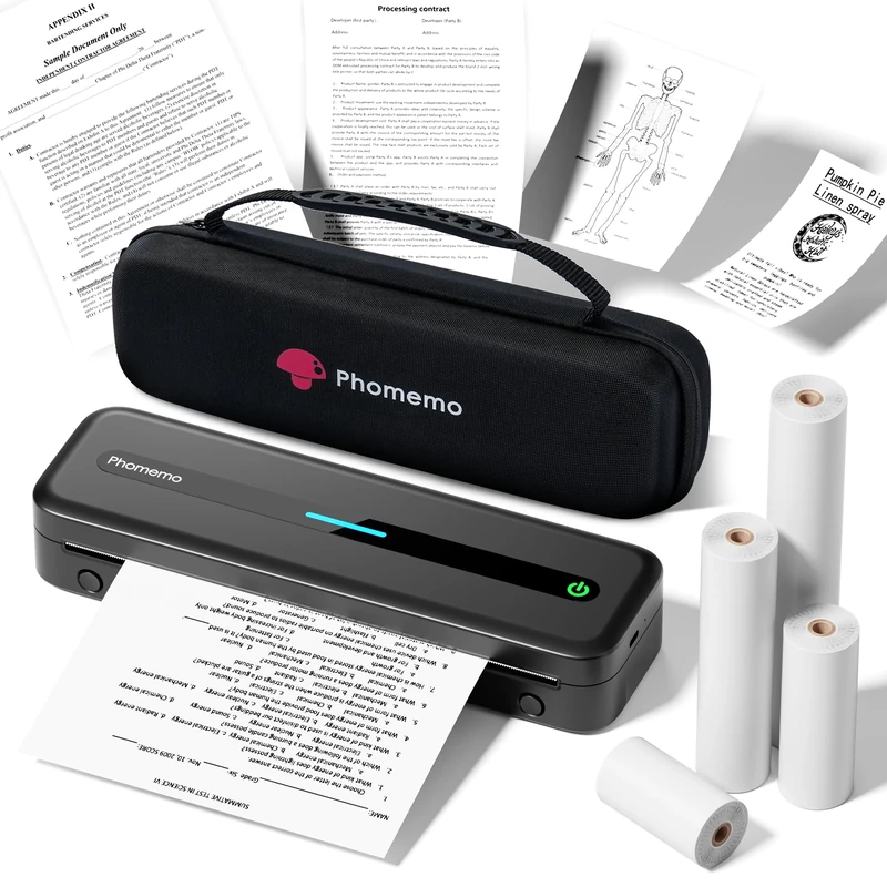 Phomemo Portable Printer, 300dpi Thermal Printer A4 for Home, Photo, Invoice, Study, Bluetooth Monochrome Printheads Includes Carry Bag and 4 Rolls of Thermal Disposables, Black