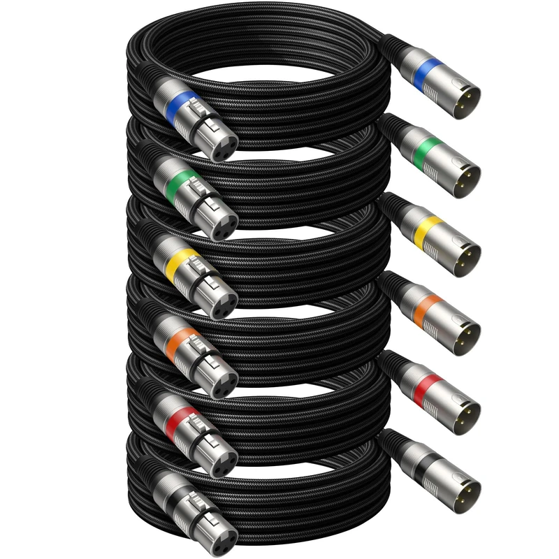 Heams Professional 6 Pack 25FT XLR Cables, Noise Free and Long-Lasting Braided XLR Microphone Cable, All Copper Conductors Balanced Male to Female Mic Cable for Studio Monitor, Mixer, DMX, Colorful