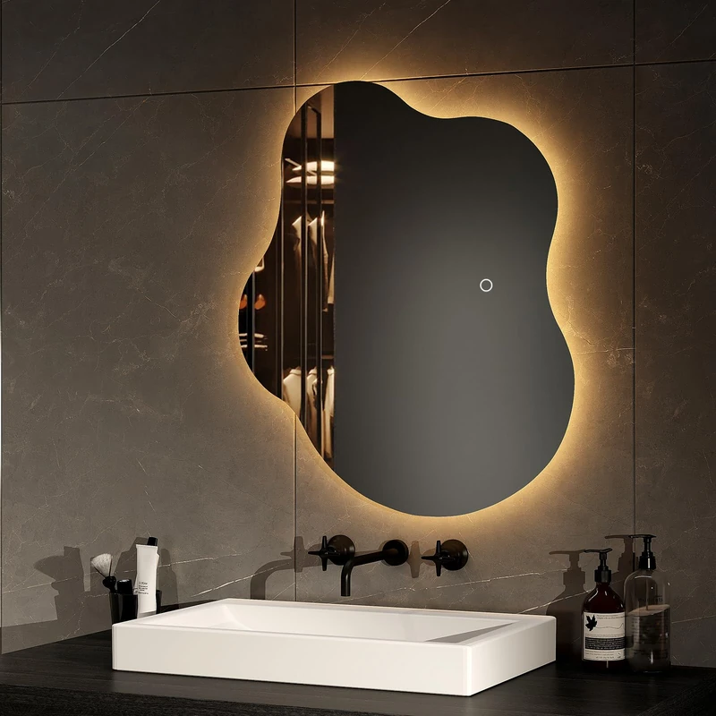 EMKE Illuminated Bathroom Mirror 60 x 50 cm, Frameless Bathroom Mirror with Touch Switch, Anti-fog, Memory Function, 3 Hours Auto Off, 3 LED Light Colours