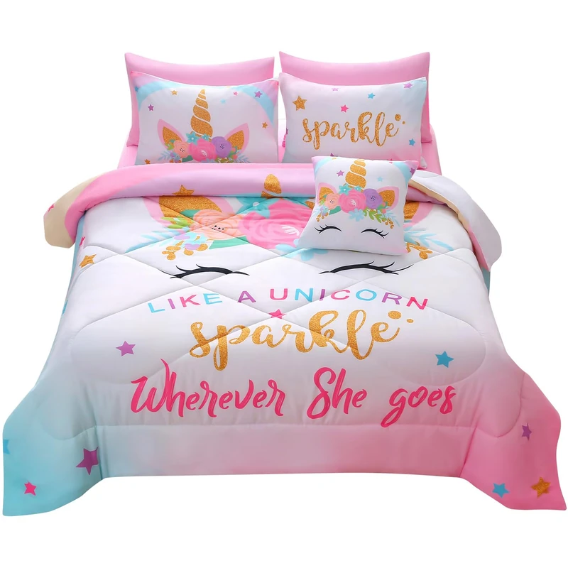 JQinHome Unicorn Queen Bedding Sets for Girls Kids,8 Piece Bed in A Bag 3D Colorful Flower Girl Unicorn Comforter Set with Sheet Set(Sparkle)