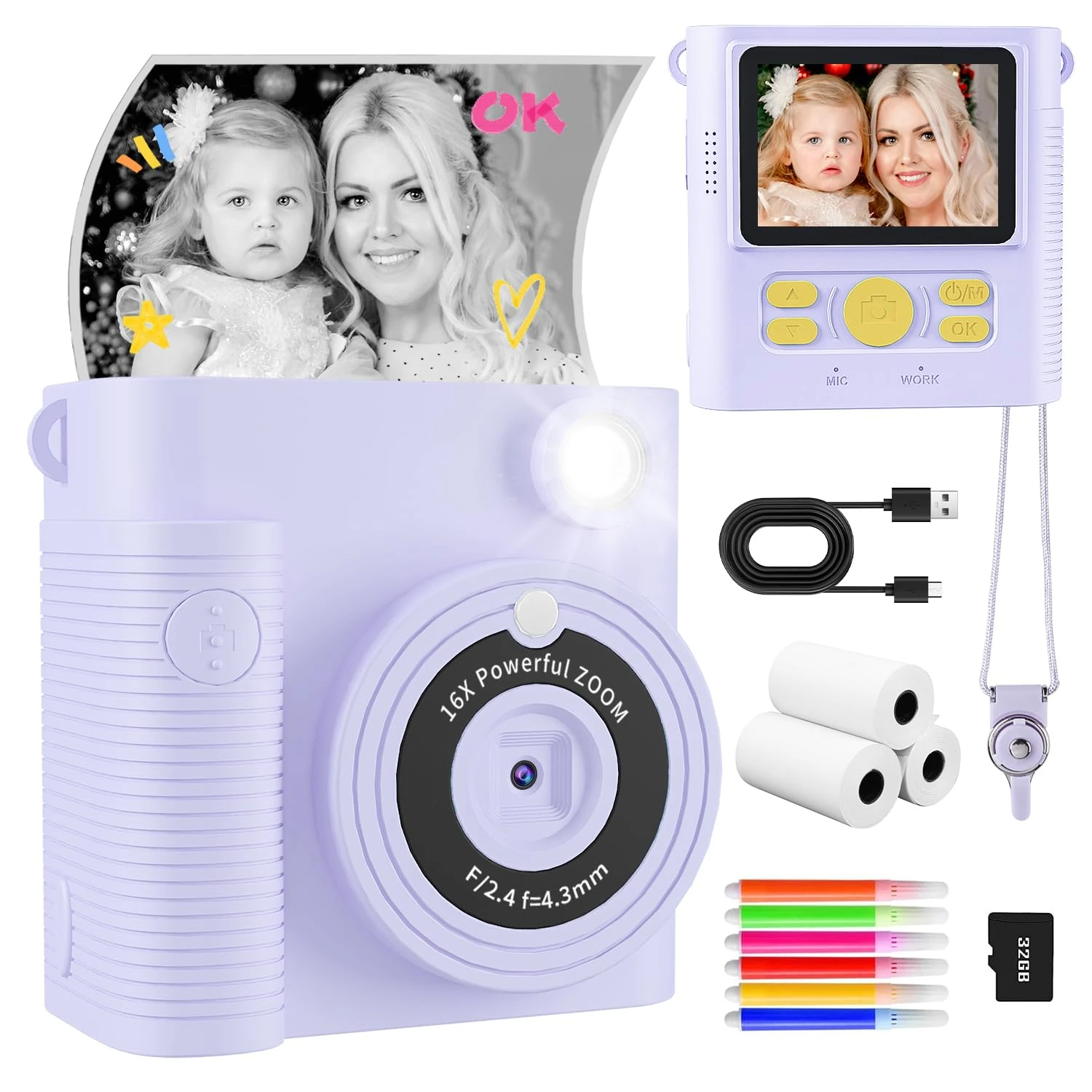 CKATE Kids Camera Instant Print, 1080P HD Instant Print Camera with 2 Shutters, Print Photo Paper & 32G SD Card, Birthday Chirstmas Gifts for Girls Boys 3-12 Years Old - Dream Purple