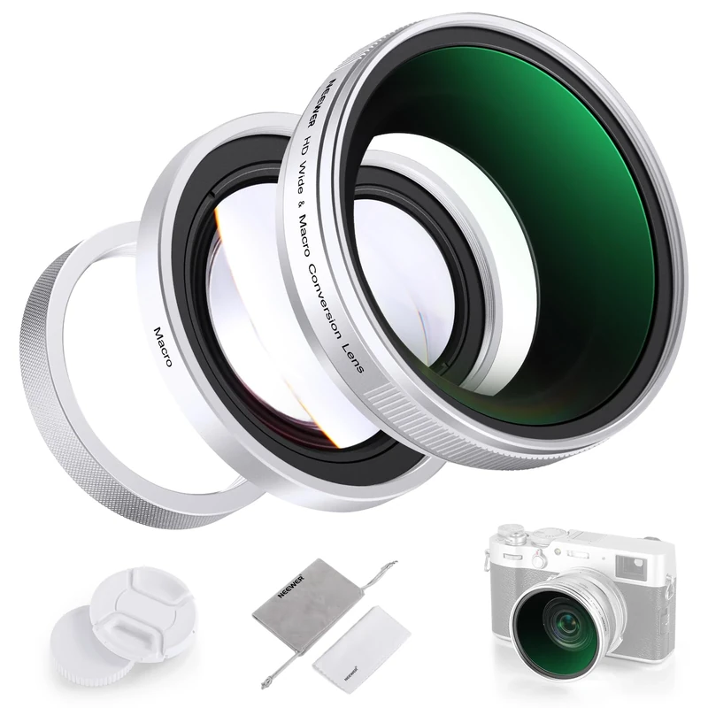 NEEWER 49mm 0.75x Wide Angle & 1.4x Macro Additional Lens for X100 Series Cameras, HD 2 in 1 Lens with 49mm Adapter Ring for Fujifilm X100 X100S X100F X100T X100V X100VI Cameras (Silver Frame), LS-47