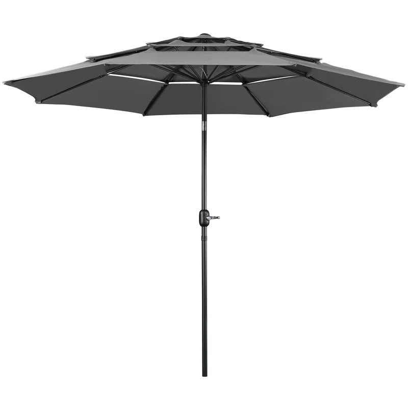 Yaheetech 3.2M 3-Tier Garden Parasol Umbrella Patio Umbrella Outdoor Sun Shade Crank Handle & 8 Metal Ribs for Garden/Backyard/Deck, Gray