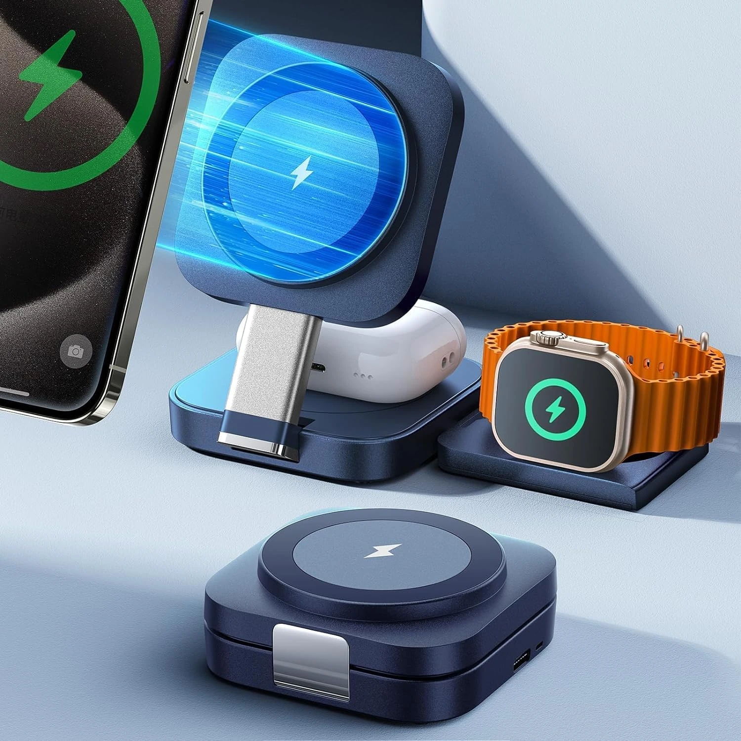 LISEN 3 in 1 Wireless Charging Station for iPhone Foldable Magsafe Charger Pad Travel Wireless Charging Station for iPhone 15/14/13/12 AirPods iWatch,Blue