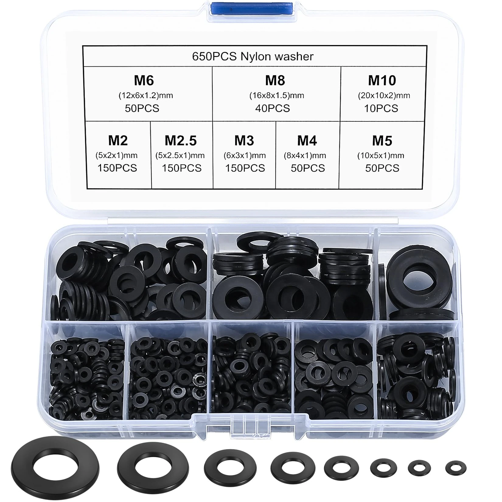 650 Pcs Nylon Washers, Black Flat Plastic Spacers Washers, Assorted Round Tap Seals Gaskets Rings Washer for Plumbing, Screws Bolts, 5-20mm, M2/M2.5/M3/M4/M5/M6/M8/M10