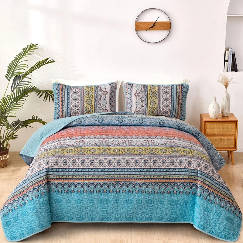 WONGS BEDDING Boho King Quilt Set, Pink and Blue Bohemian Quilt Bedding Set, Lightweight Bed Decor Bedspread for All Season Reversible Microfiber Coverlet Bedding Set 103"x90"(3 Pieces)