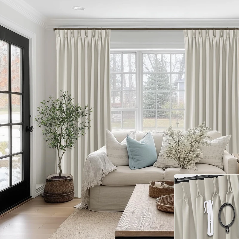 SHINELAND 102 Inch Long Oatmeal Colored Blackout Curtains, Neutral Greige Refined Linen Look Thermal Pleated Drapes for Living Room with Track System or Floor to Ceiling Hanging, 2 Panels Set