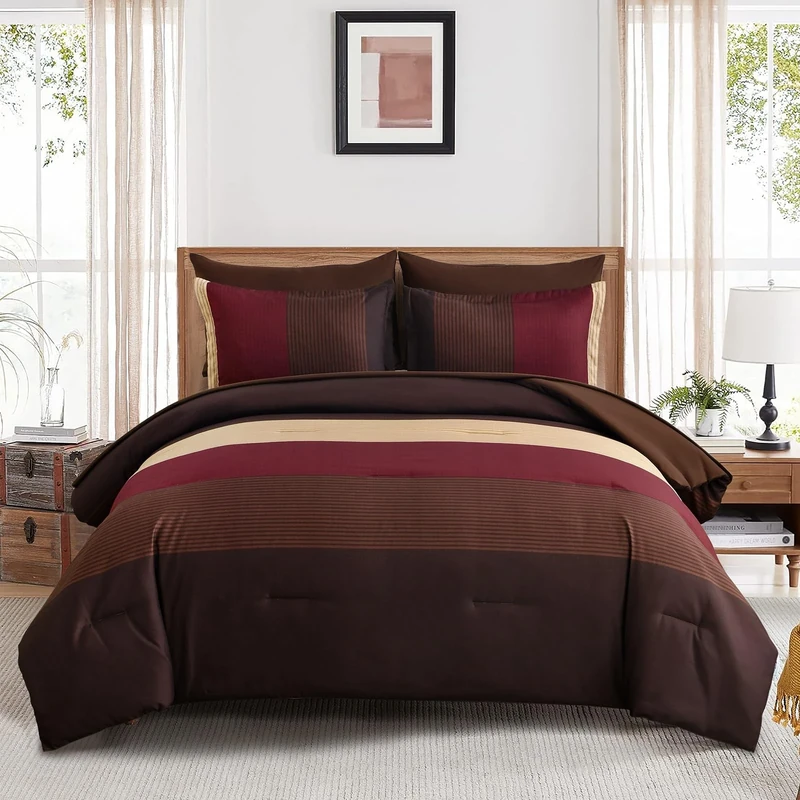 Red and Brown Comforter Set Queen Size, Boho Burgundy Striped Bedroom Bedding Comforter Set 7 Piece Bed in a Bag, Soft Microfiber Down Alternative Farmhouse Bedding Set for All Season(90''x90'')