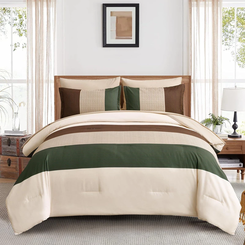 Anibedding Striped Comforter Set Queen Size, Boho Brown Green Striped Bedding Comforter Set 7 Piece Bed in a Bag, Soft Microfiber Down Alternative Farmhouse Bedding Set for All Season(90"x90")