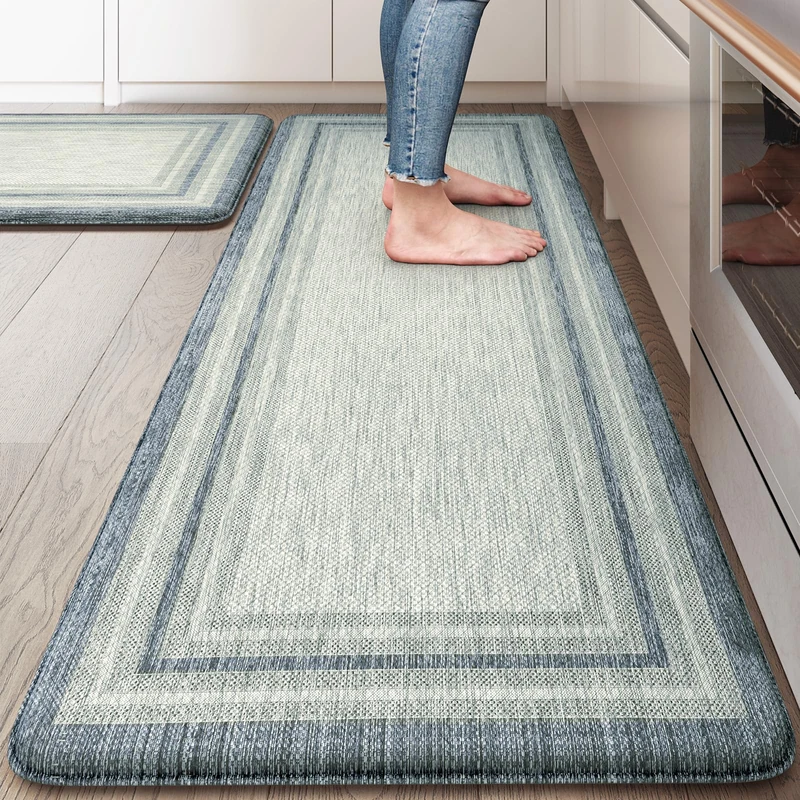 KIMODE Anti Fatigue Kitchen Mats 2PCS, Non-Slip Waterproof Kitchen Rugs, Cushioned Kitchen Mat for Floor, Comfort Standing Mat for Sink, Laundry, Office, Desk Blue and Grey 20"x47"+20"x32"