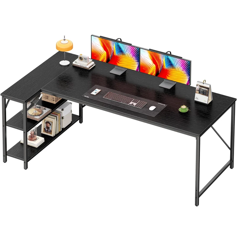 Huuger L Shaped Desk, 63 Inches Computer Desk with Reversible Storage Shelves, Gaming Corner Home Office Writing Study, Metal Frame, Black