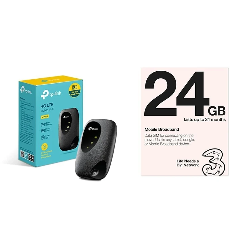 TP-Link M7010 4G Cat4 LTE Travel Mobile Mi-Fi Hotspot with Three Mobile Pay As You Go Mobile 24 GB data SIM