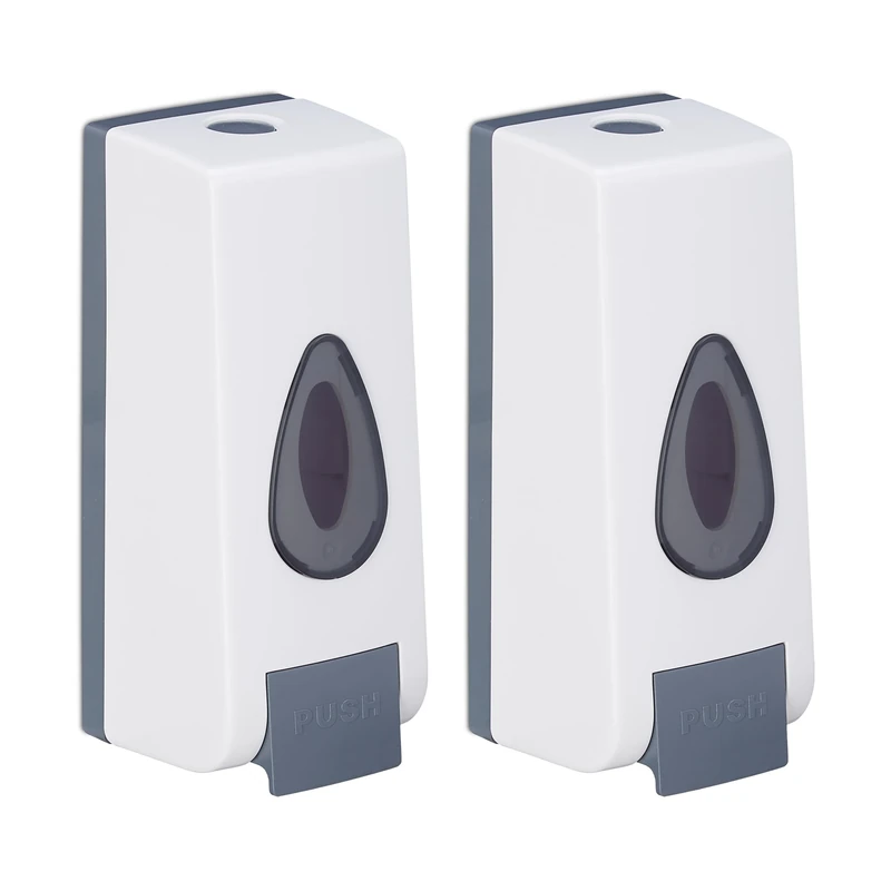 Relaxdays Wall-Mounted Soap Dispenser, Set of 2, Refillable, 350 ml Volume, Manual, HxWxD: 19 x 8 x 8 cm, White/Grey