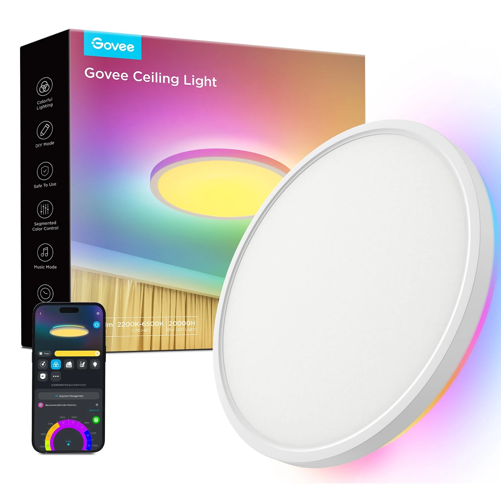 Govee LED Ceiling Light, 2400LM Smart RGBIC Flush Ceiling Lights 24W Work with Alexa & Google Assistant, for Bedroom Living Room, Round, Ø30cm