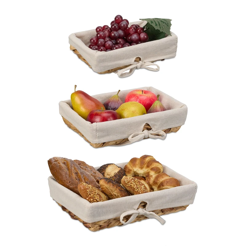 Relaxdays Bread, Set of 3, Different, Fabric Insert, Scandinavian Breakfast Basket, Natural/Cream, Plant fibre, Various sizes