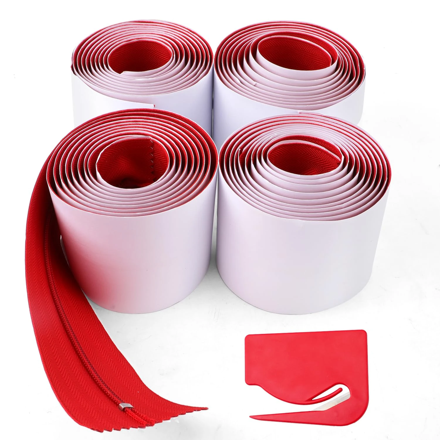4pcs Heavy Duty Dust Barrier Zipper, 7ft x 3in Self-Adhesive Tarp Double Zipper Instant Door Dust Protection with Plastic Sheeting Cutter Construction Plastic Zip Wall Accessories (Red)