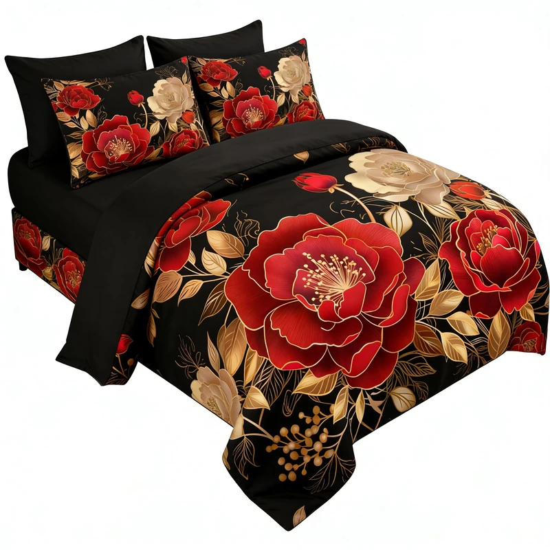CCoutueChen King Size Vintage Black Floral Comforter Set Women Red Peony Flower Bedding Adlut Elegant Gold Leaves Decor Comforter 3Pcs Soft Down Comforter with 2 Pillowcases