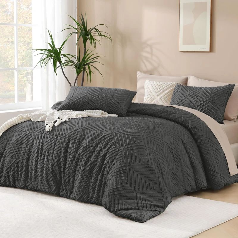 Andency Dark Grey Comforter Set King Size, 3 Pieces Gray Boho Bedding Set & Collections, Farmhouse Tufted Fluffy Bedding Comforter Sets for King Bed (1 Comforter 104x90In, 2 Pillowcases)