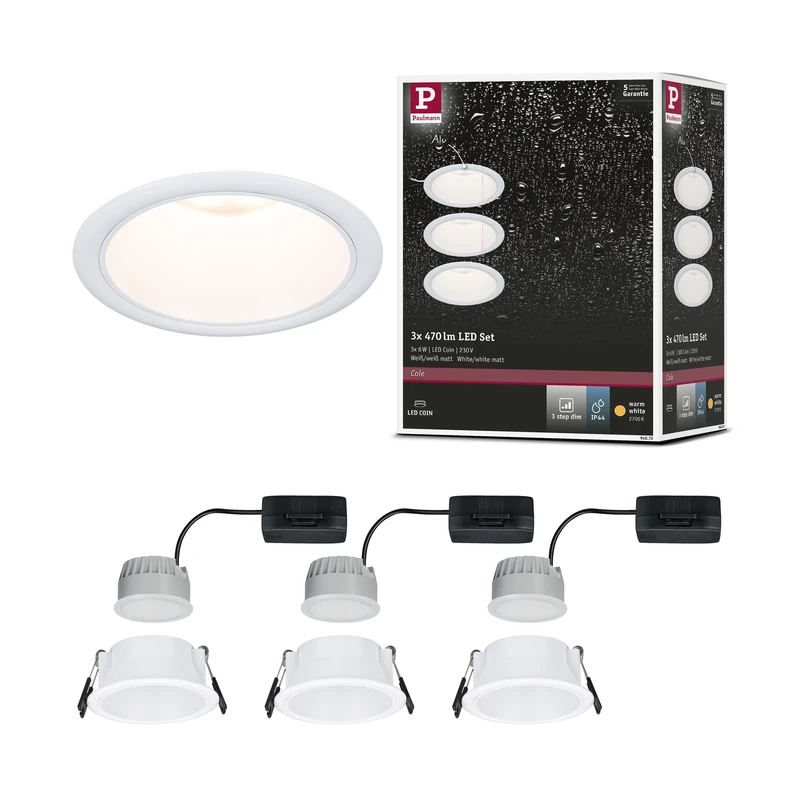 Paulmann 94870 LED recessed luminaire 3-Step dimming Cole Basic Set 3-Piece Set IP44 Round 88mm Coin 3x6W 3x470lm 230V 2700K