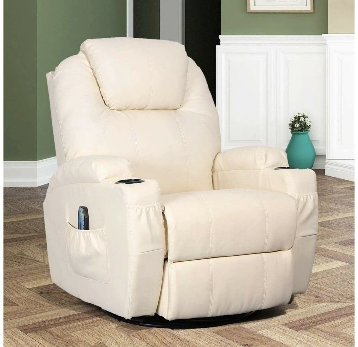 Living Room Chairs Cream Massage Recliner Chair Heated PU Leather Ergonomic Lounge 360 Degree