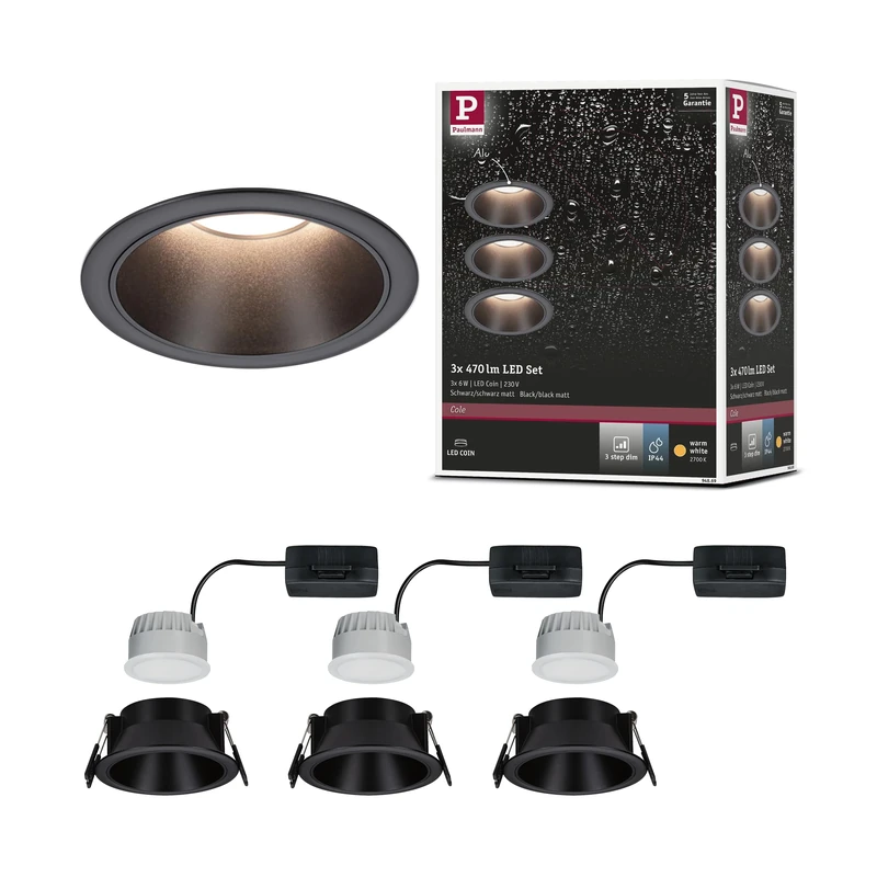 Paulmann 94869 LED recessed luminaire 3-Step dimming Cole Basic Set 3-Piece Set IP44 Round 88mm Coin 3x6W 3x470lm 230V 2700K