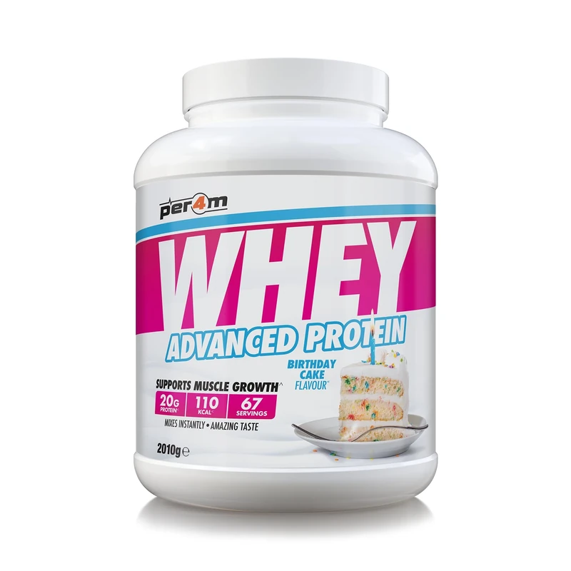 Per4m Whey Protein Powder | High Protein Shake for Muscle Growth & Recovery | Low Sugar Gym Supplement | Sports Nutrition Drink + Amino Acids (2010g, Birthday Cake)