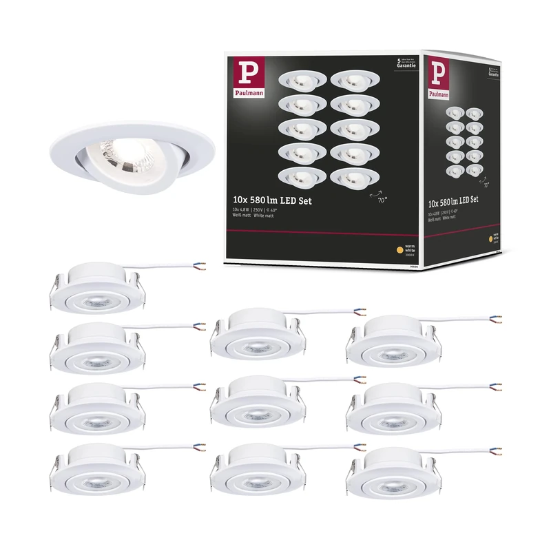 Paulmann 99996 LED recessed luminaire 10-Pack swivelling 82mm 70° 10x4.8W 10x450lm 230V 3000K matt White
