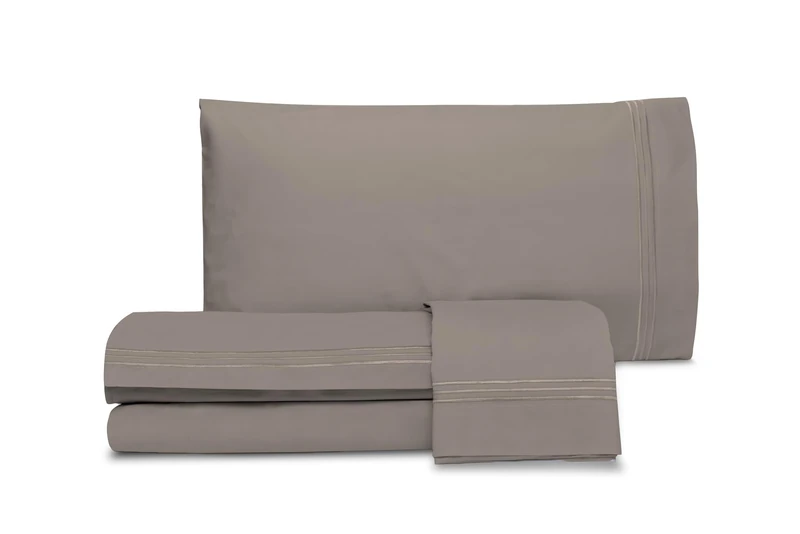 hermet Laura Biagiotti Double Bed Sheet Set, Plain Colour with Embroidery, 100% Cotton Percale, Top Sheet, Fitted Sheet, Pair of Pillowcases, Taupe