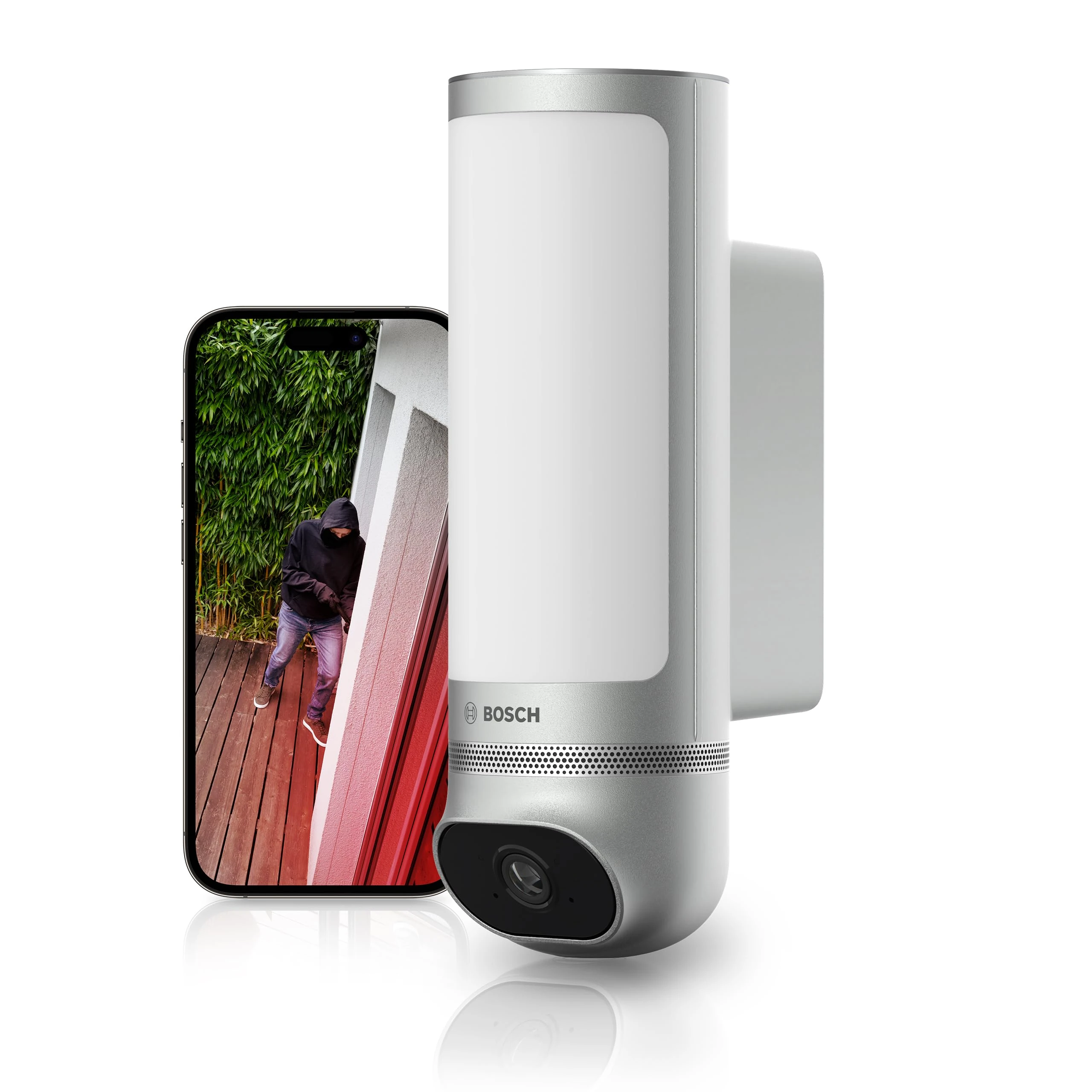 Bosch Smart Home outdoor camera II, outdoor surveillance camera, 1080p full HD resolution with integrated alarm siren and designer light, compatible with Amazon Alexa, silver