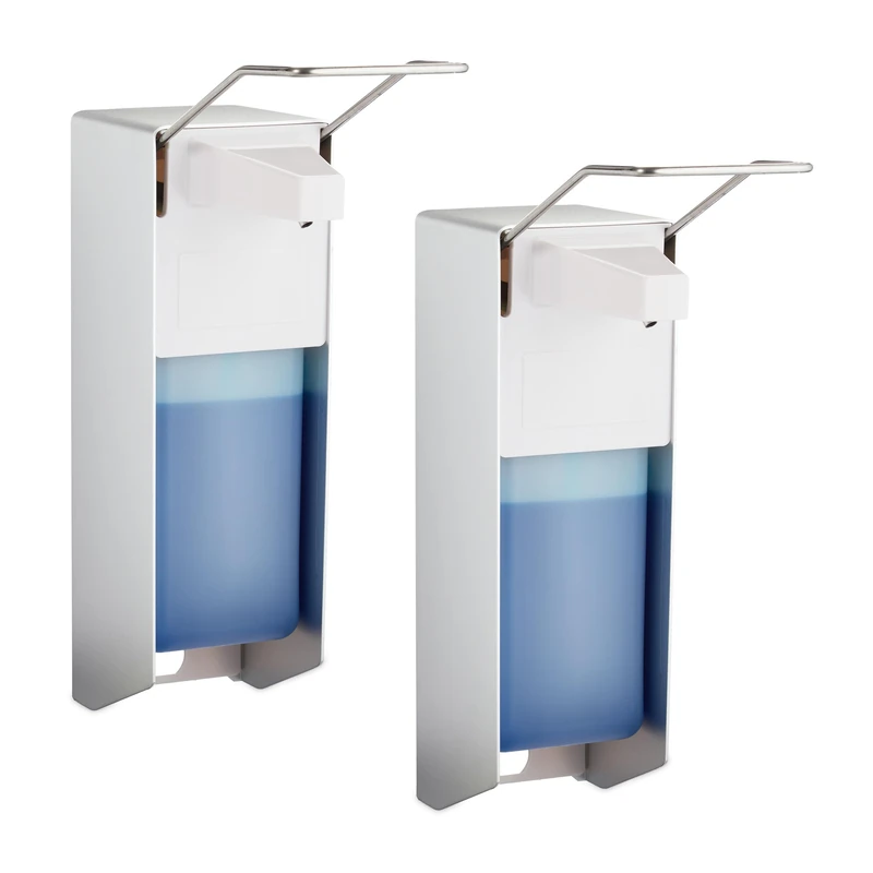 Relaxdays Soap Dispenser, Set of 2, 1000 ml, Steel Pump, Lever, Sanitiser Container, Wall-Mount, Hygienic, Silver/White