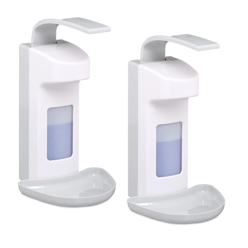 Relaxdays Soap Dispenser, Set of 2, 500 ml, Drip Tray, Lever, Sanitiser Container, Wall-Mount, Hygienic, White/Grey, 29 x 16 x 18 cm