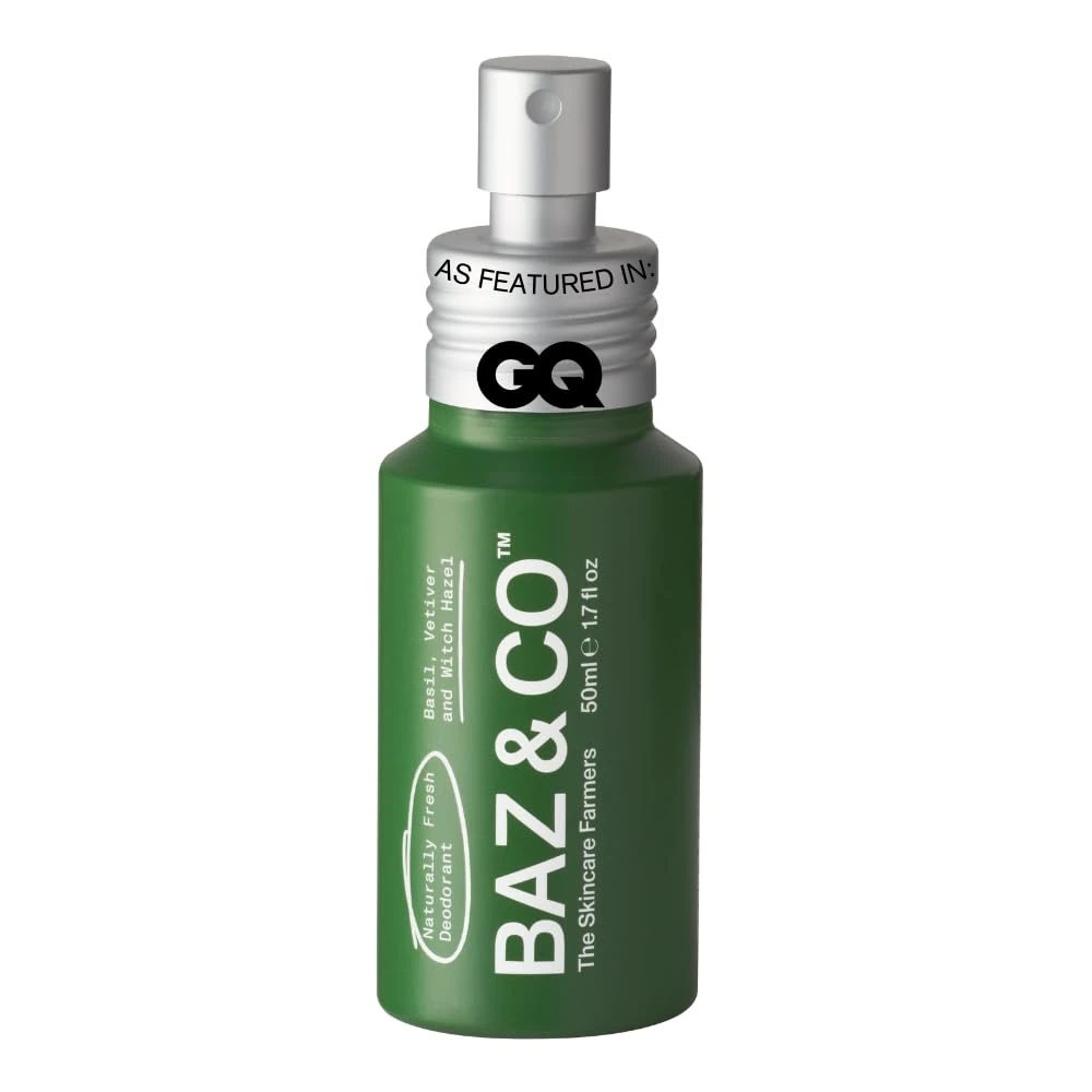 BAZ & CO Natural Deodorant Men Body Spray - Aluminium Free Travel Deodorant for Men | Organic mini deodorant spray | Basil, Vetiver and Witch Hazel 50 ml