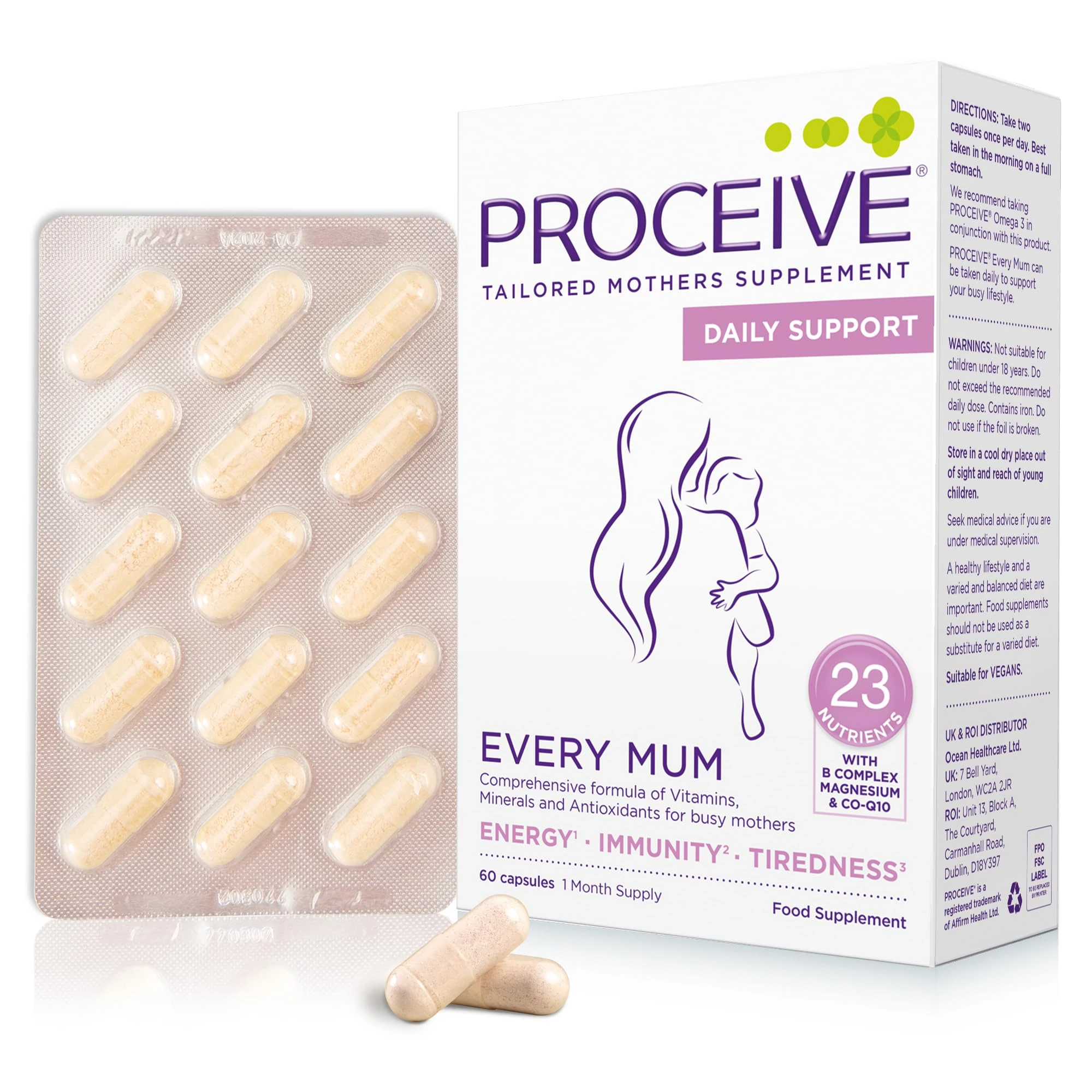 Proceive® Every Mum - Womens Multivitamins Complex with 23 Essential Nutrients - Daily Supplements for Energy, Immunity & Vitality Support - Vegan-Friendly with B12, Iron & CoQ10-60 Capsules