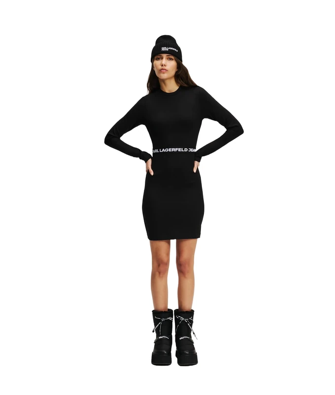 KARL LAGERFELD JEANS, Women's, Fitted Long Sleeve Tee Dress, Bodycon Fit, Black, XS