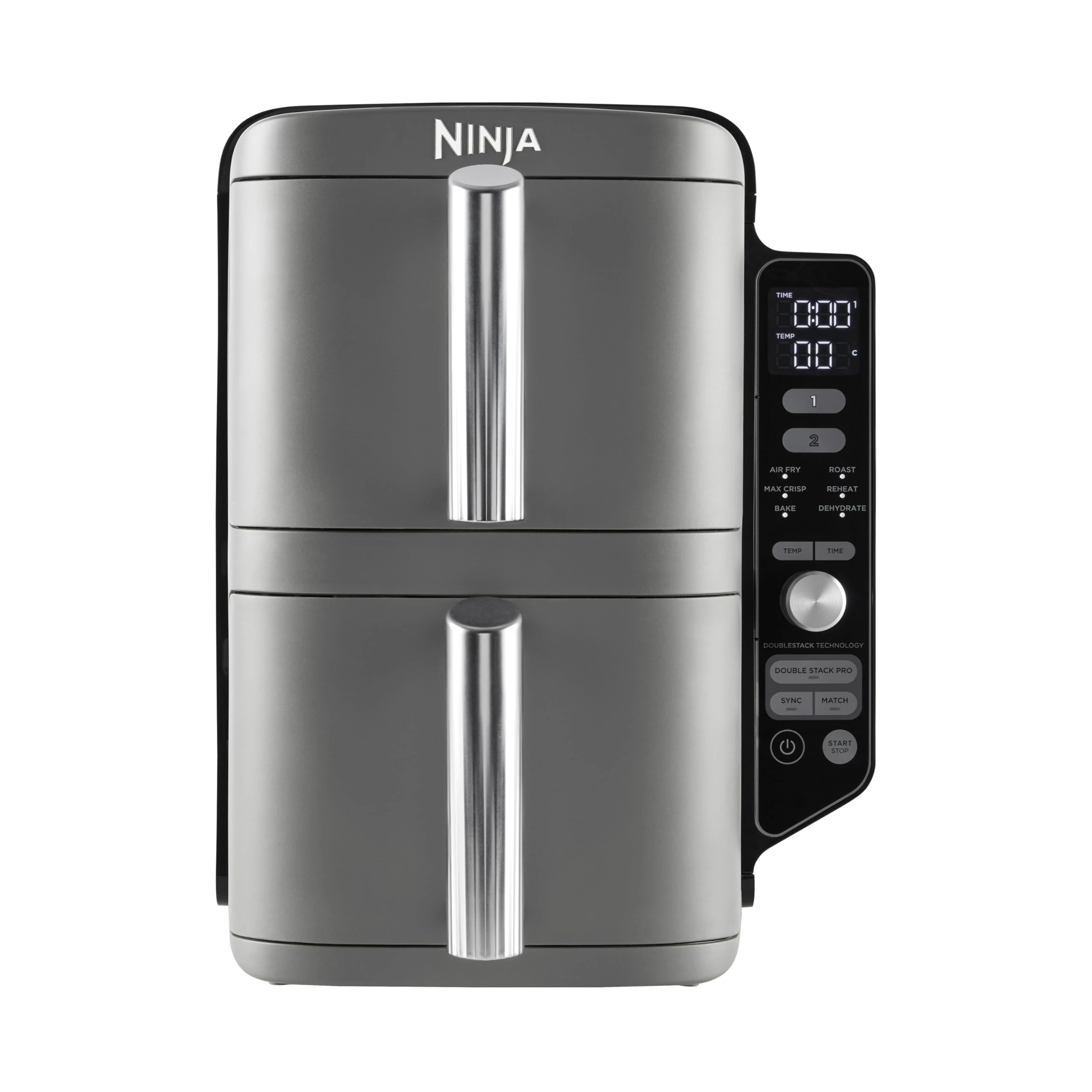 Ninja Double Stack XL Air Fryer, Vertical Dual Drawer AirFryer with 4 cooking levels, 2 Drawers and 2 Racks, Space Saving Design, 9.5L Capacity, 6 Cooking Functions, 8 Portions, Grey, SL400UK