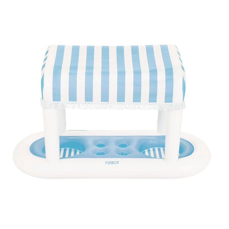 FUNBOY Giant Floating Light Blue Cabana Stripe Drink Station, Removable Fabric Shade with Fringe, Perfect for Parties, Table-top Decorations and in-Pool Refreshments. - Image 1