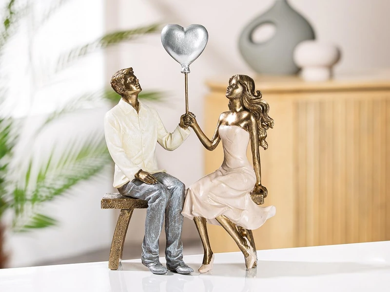 GILDE Decorative Figure Couple Heart Balloon - Couple on Bench with Heart Balloon Gift Decoration Wedding - Colours: White Bronze Grey - Height 24.5 cm