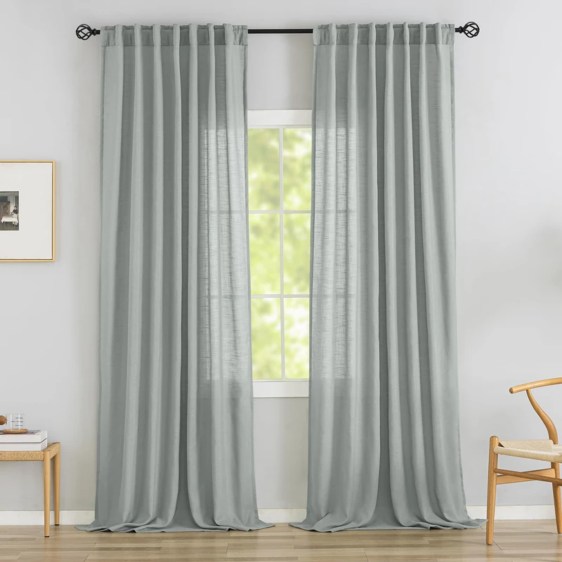 DONREN Linen Curtains with Loop Hooks, 2 Panels, 52" x 108", Light Grey
