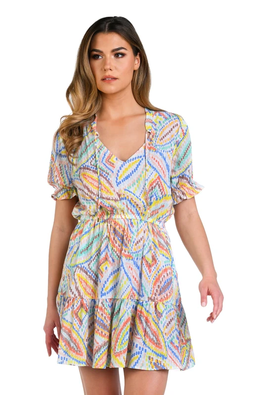 La Blanca Women's Short Sleeve Mini Dress Swimsuit Cover Up Swimwear, White//Sunbaked Jewels, XS