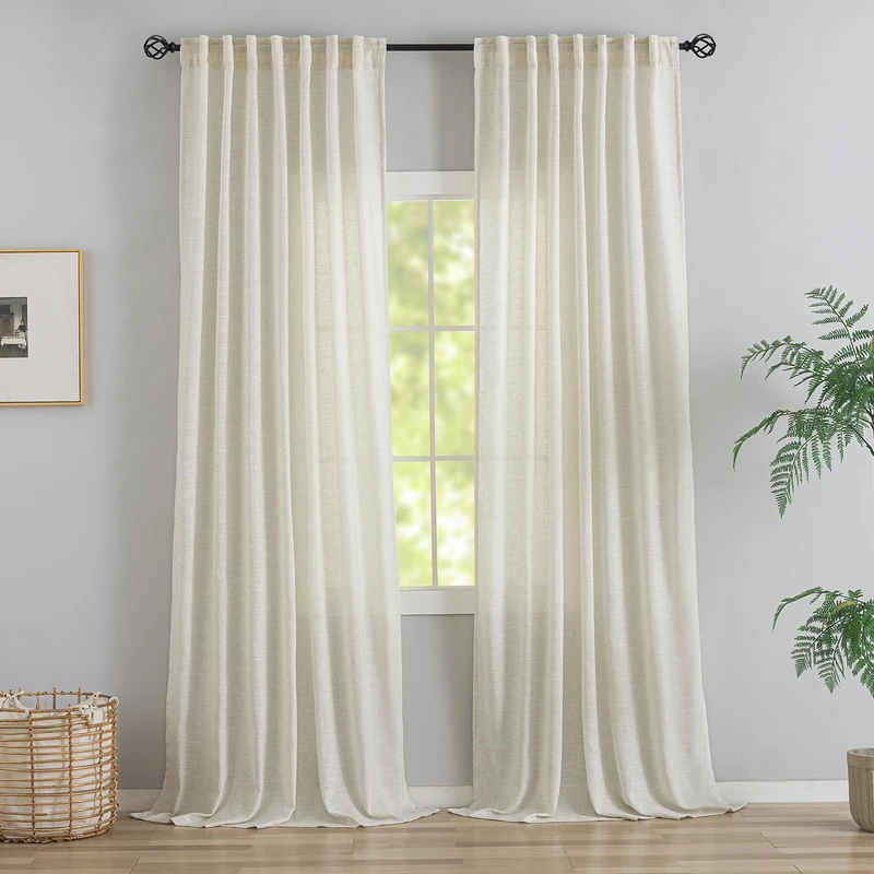 Back Tab Natural Linen Curtains 96 Inches Long 2 Panels Set - Farmhouse Living Room, Hooks Belt Pinch Pleated Light Filtering Semi Sheer for Dining Room, 8 FT Tall, Cream Ivory Colored