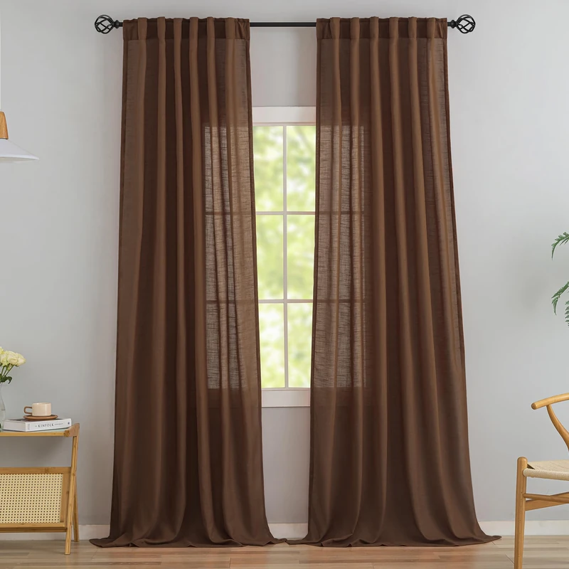 Deep Brown Linen Back Tab Curtains 102 Inches Long 2 Panels Set for High Windows -Rustic Hooks Belt Pinch Pleated Look Easy Sliding Curtains Pocket Light Filtering Semi Privacy Drapres 52”x102” Length