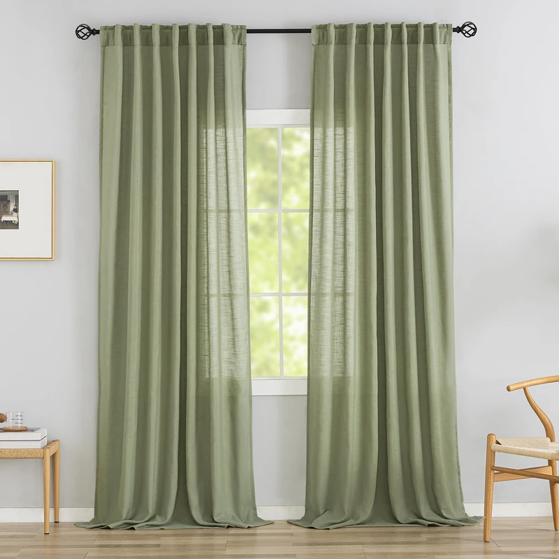 DONREN Sage Green Linen Back Tab Curtains 120 Inches Extra Long Ceiling to Floor for Villa Living Room -2 Panels Hooks Belt Pinch Pleated Easy Sliding Curtains Light Filtering Semi Sheer Drapres