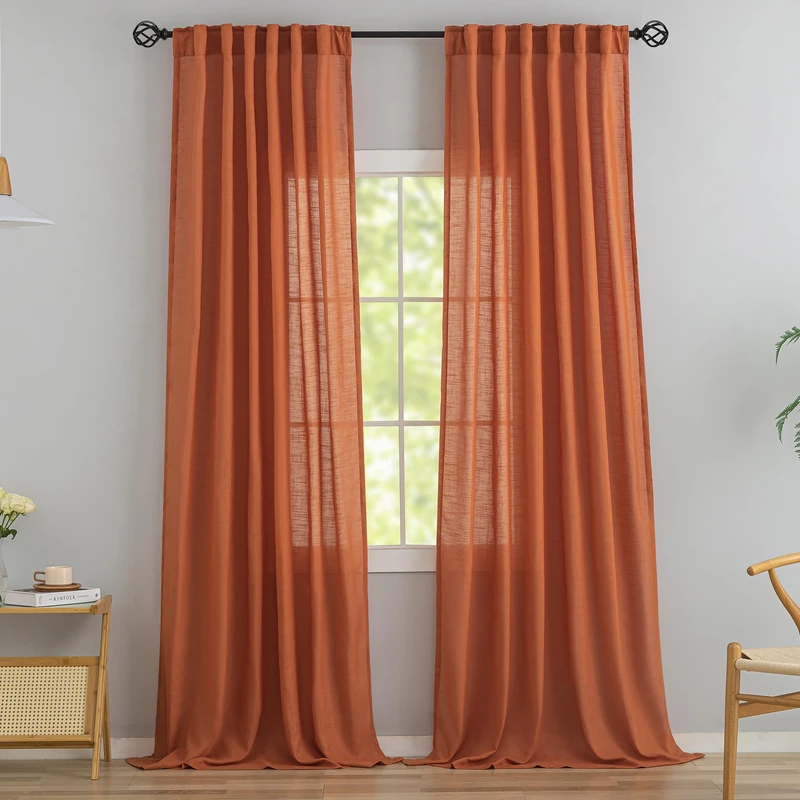 Linen Curtains Rear Flap Roof to Floor Villa Rustic Hook Belt Clip Pleated Light Filtering Semi-Transparent Extra Long Burnt Orange 335cm(L), 2pcs